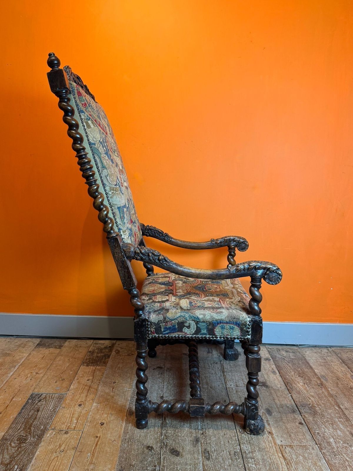 French 17th Century Carved Oak Armchair With Upholstery photo furniture