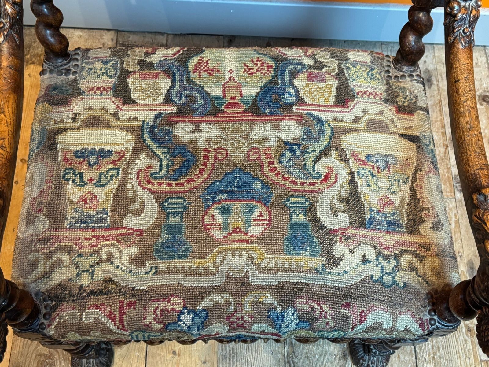 French 17th Century Carved Oak Armchair With Upholstery photo Furniture