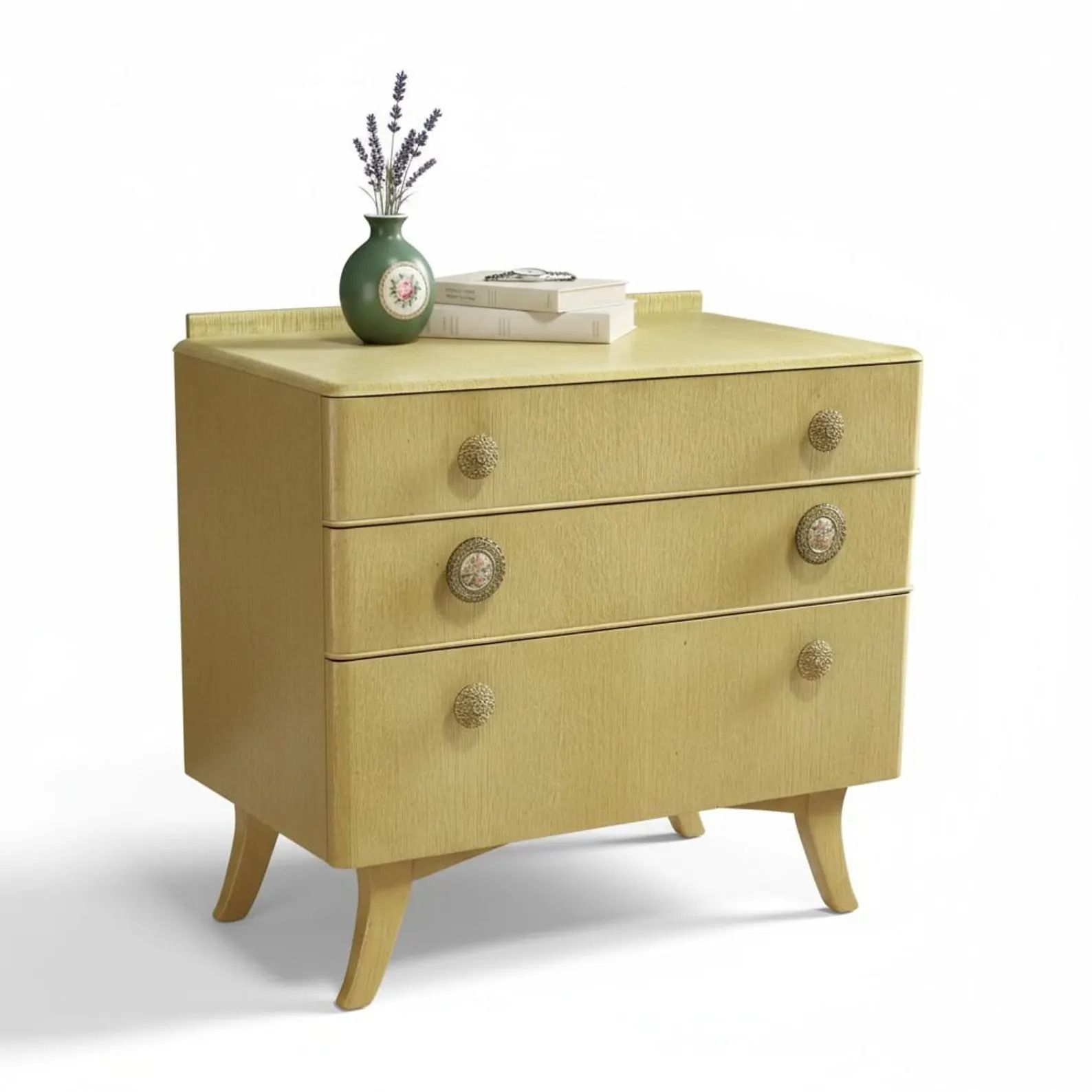 Small Vintage 1950s Painted Chest Of Drawers | Retro 3 Drawer Dresser With Splayed Legs | Mid Century Bedroom Storage