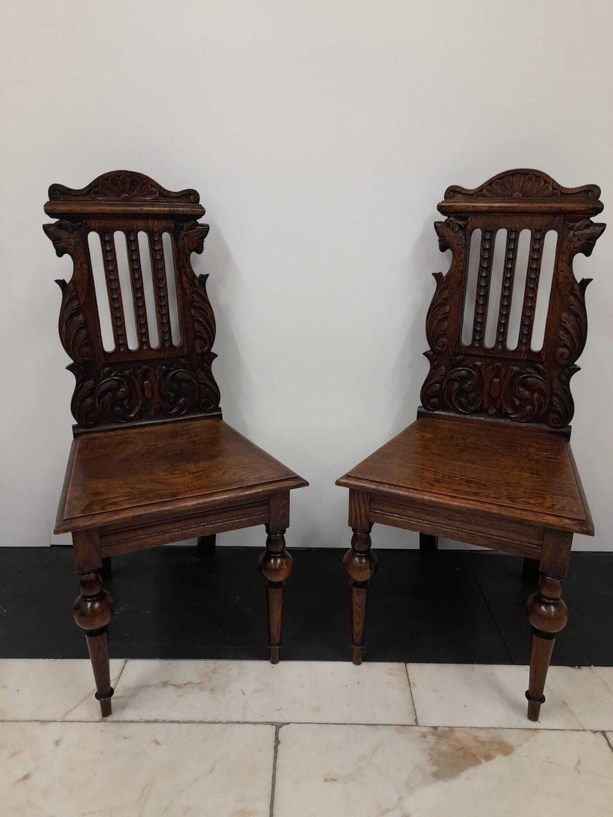 Chairs Antique Pair Of Oak Carved Hall Chairs photo for sale