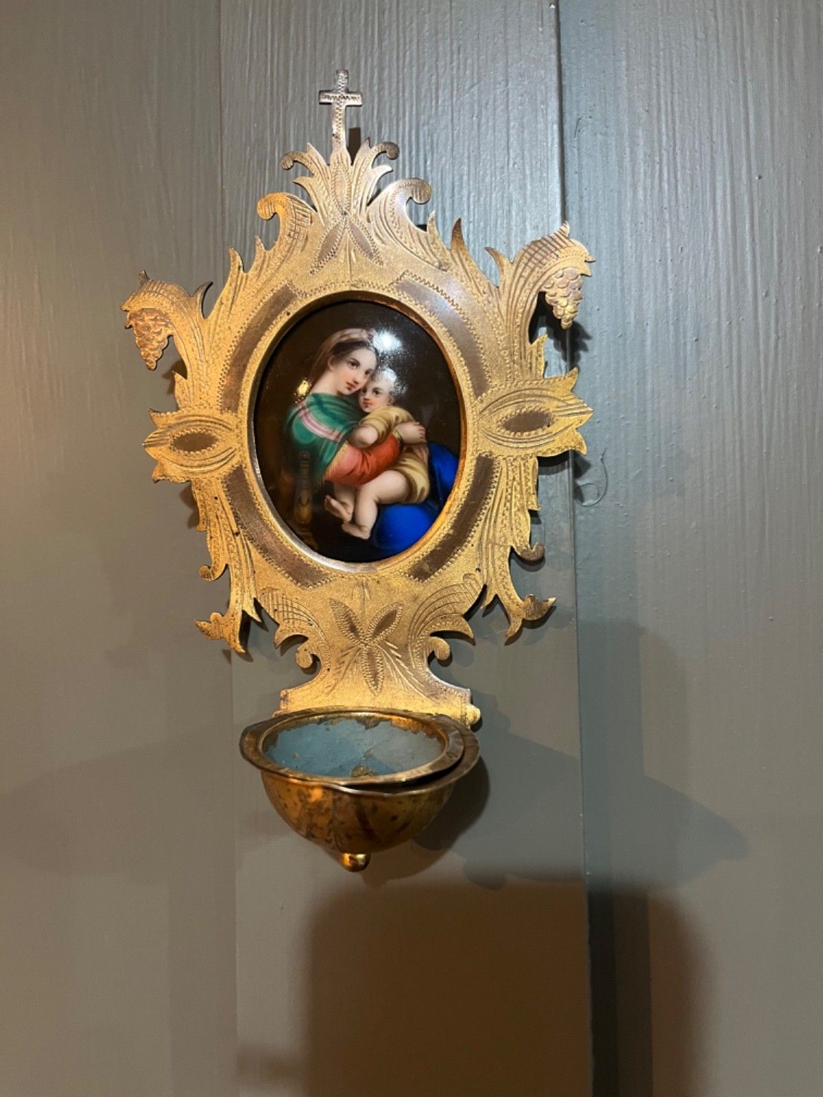 Antique Holy Water Font, Benitier,  Madonna & Child, French, Enamel On Porcelain photo 125.0