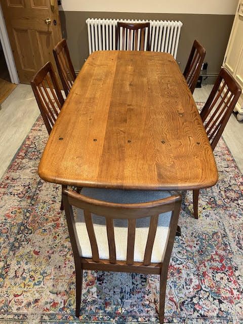 Ercol Style 6 Seater Table With 6 G Plan Refurbished Chairs With Cream Boule Seat Pads photo 250.0