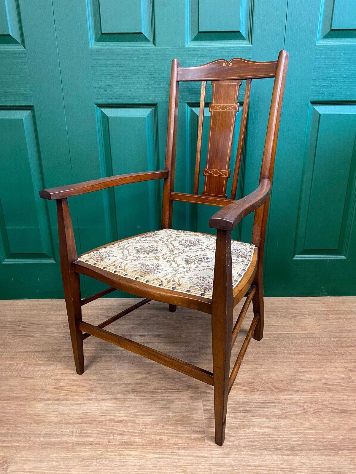Antique Edwardian Inlaid Mahogany Carver Chair With Tapestry Style Seat