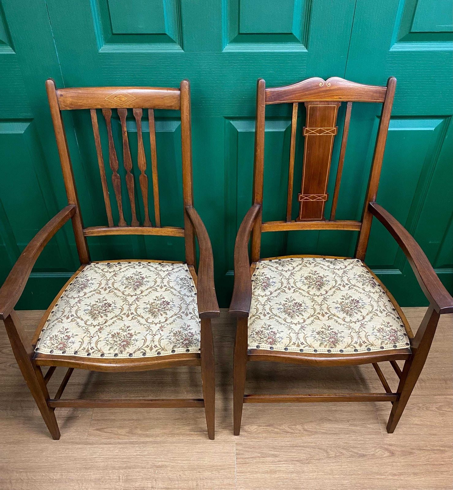 Antique Edwardian Inlaid Mahogany Carver Chair With Tapestry Style Seat photo furniture