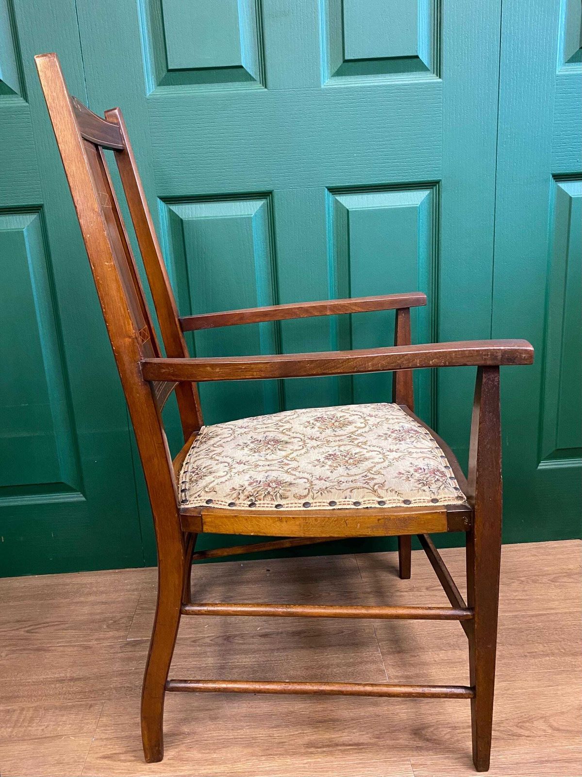 Antique Edwardian Inlaid Mahogany Carver Chair With Tapestry Style Seat photo 195.0