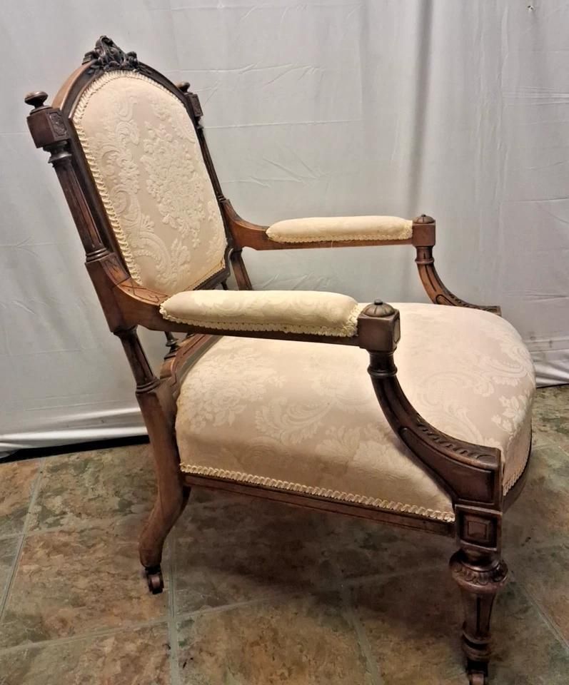 photo for sale Antique 19th Century Upholstered Library Chair With Gorgeous Carvings