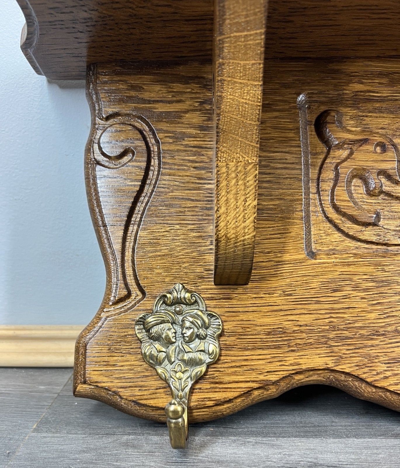 French Vintage Coat Rack Oak 5 Hooks Ornate Wall Shelf Carved Coat Lot 4443 photo Furniture