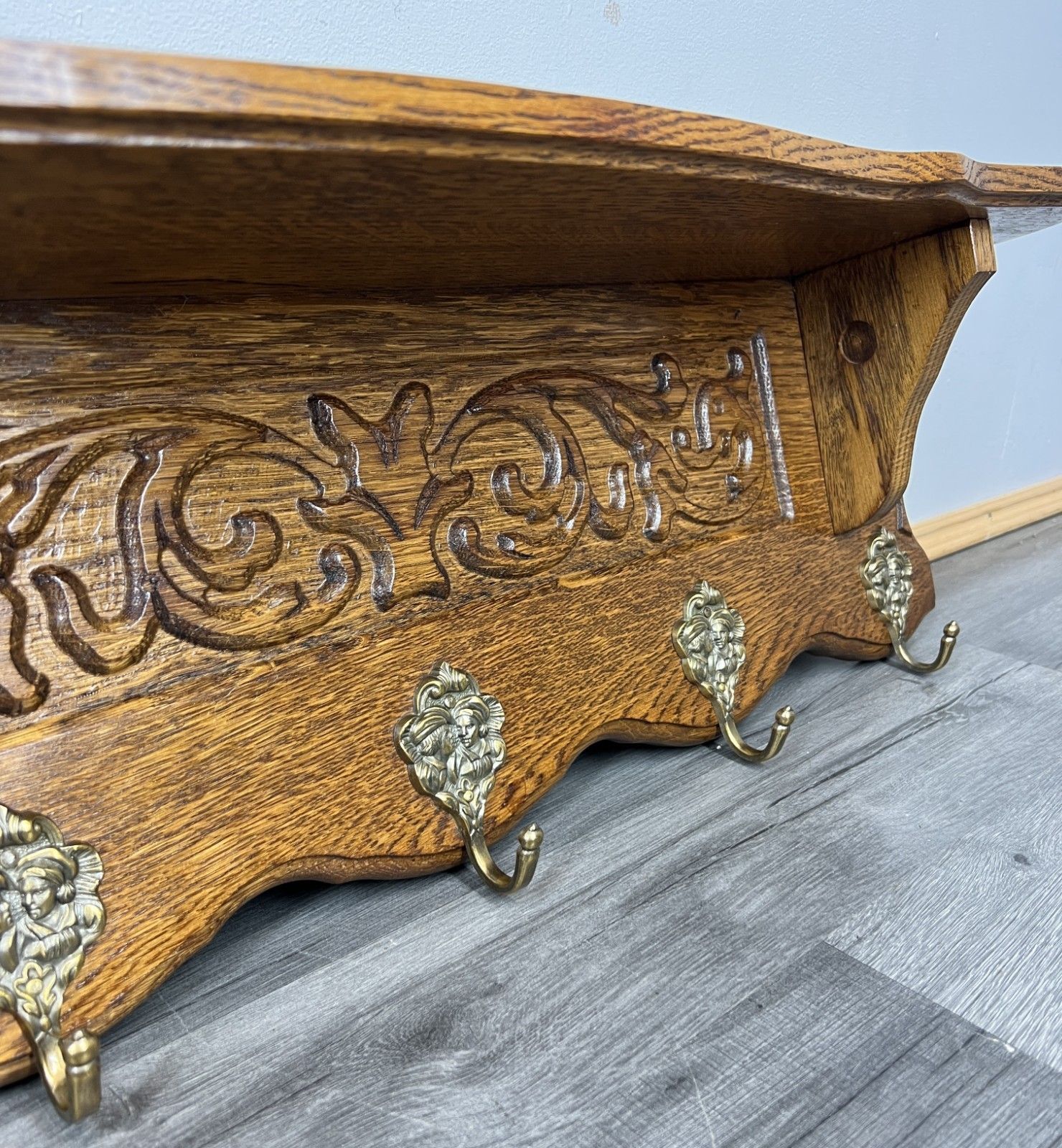 French Vintage Coat Rack Oak 5 Hooks Ornate Wall Shelf Carved Coat Lot 4443 photo buy