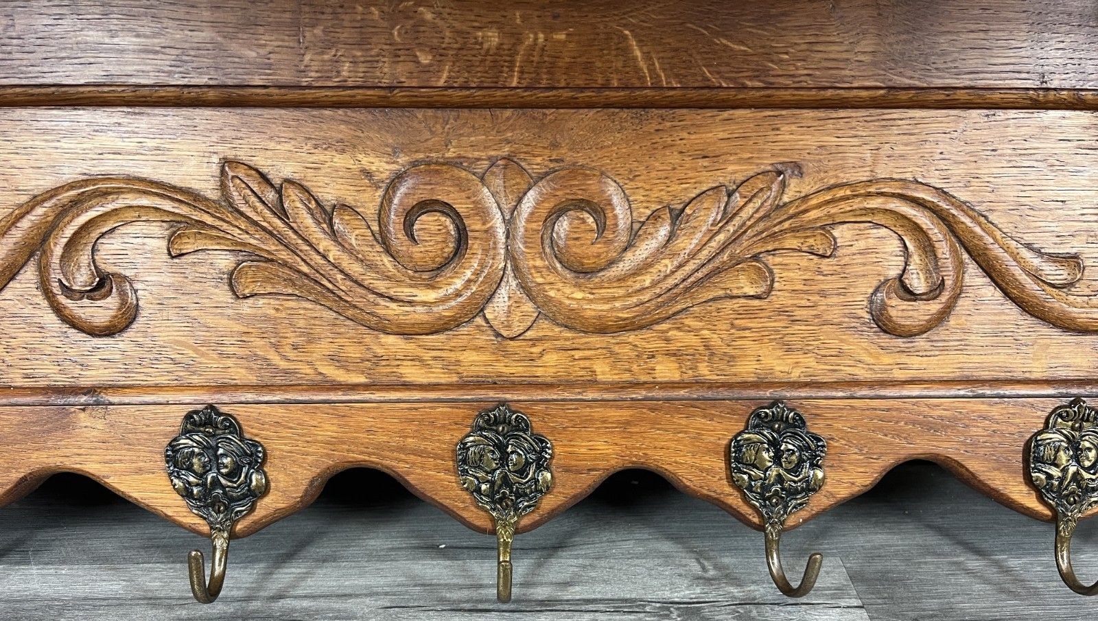 French Vintage Coat Rack Oak 5 Hooks Ornate Wall Shelf Carved Coat Lot 4445 photo 299.0