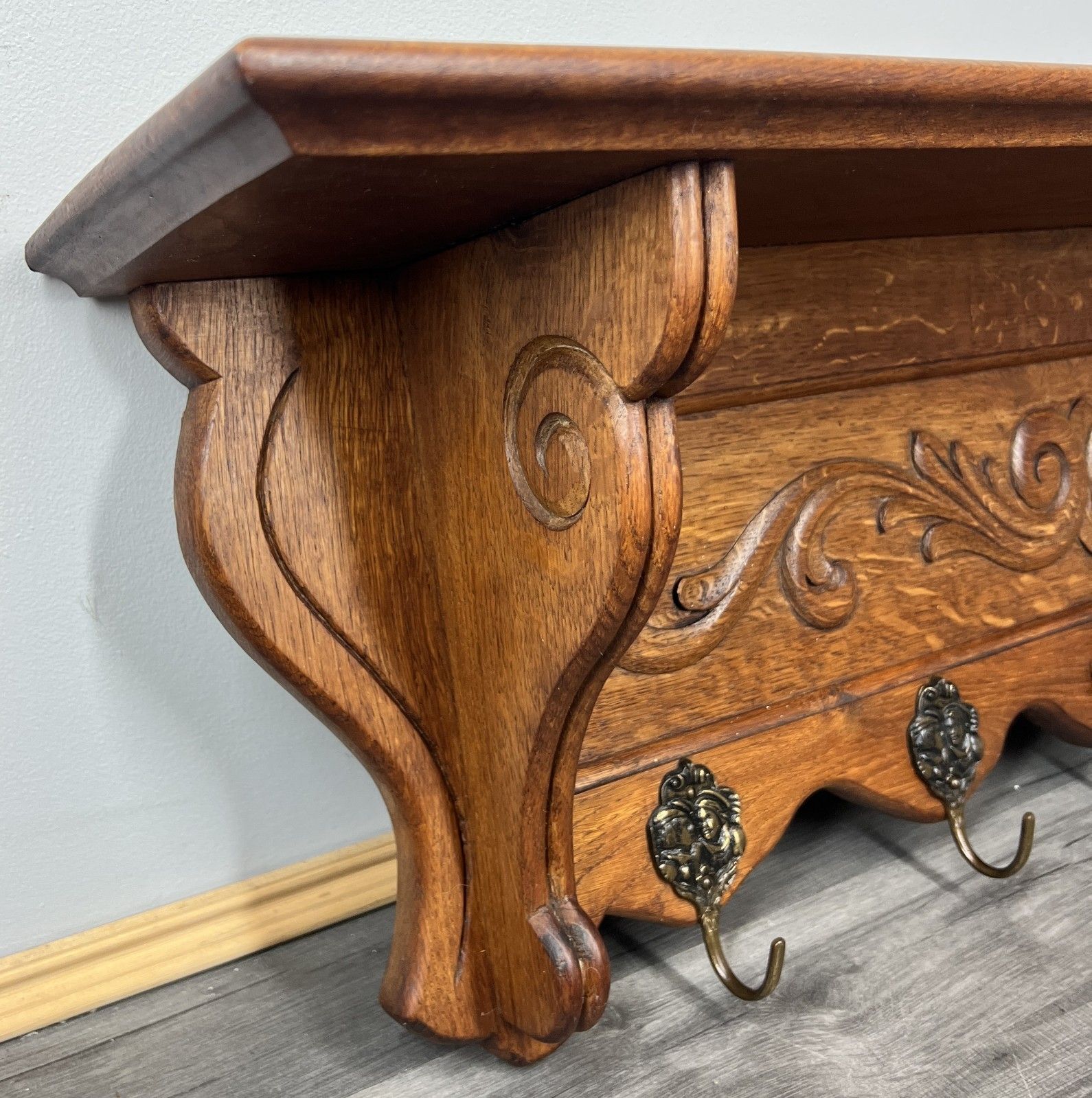 French Vintage Coat Rack Oak 5 Hooks Ornate Wall Shelf Carved Coat Lot 4445 photo vinterior