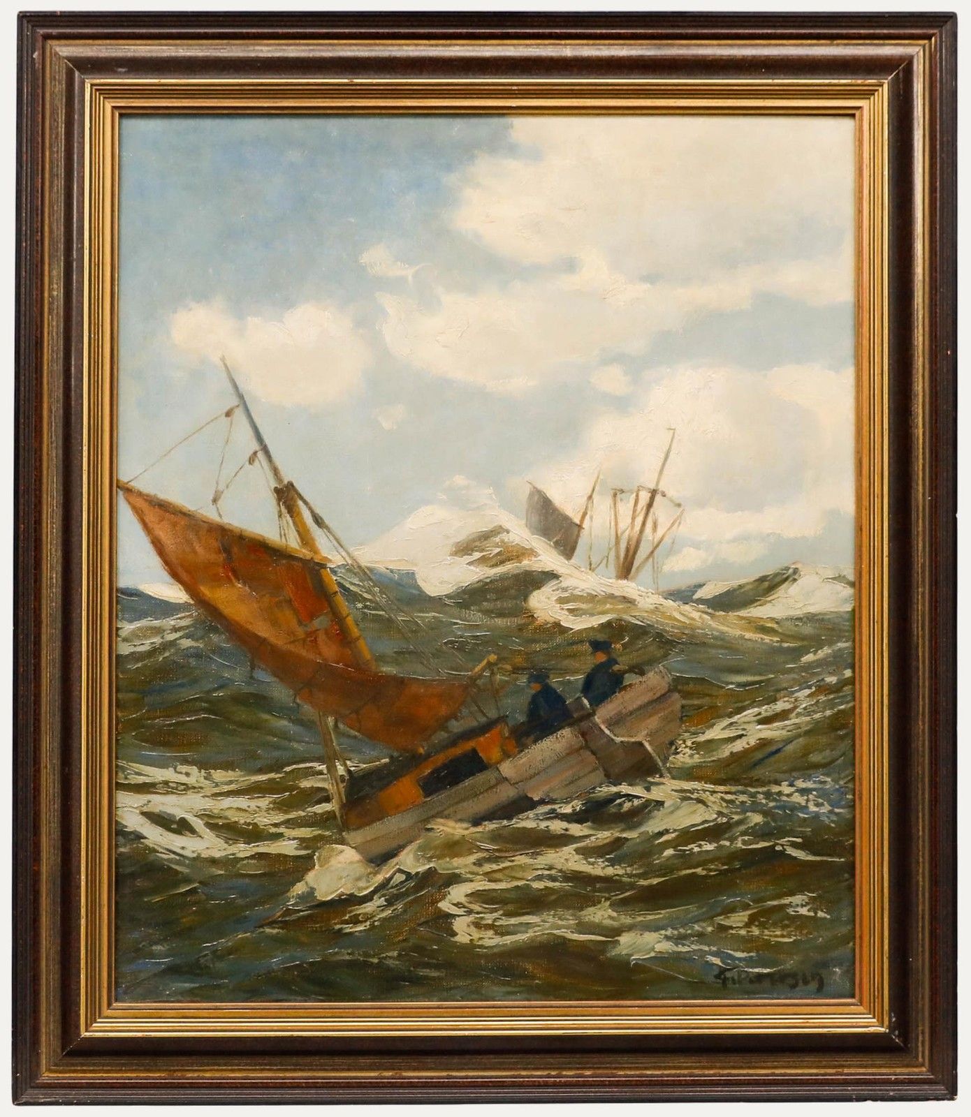 F. Petersen Framed Mid 20th Century Oil, Fishing Boat In High Waves