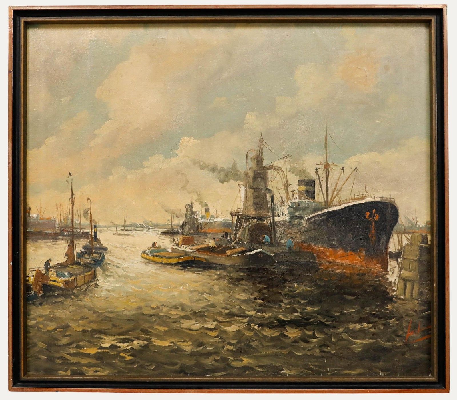 Framed Early 20th Century Oil Early Morning At The Harbour