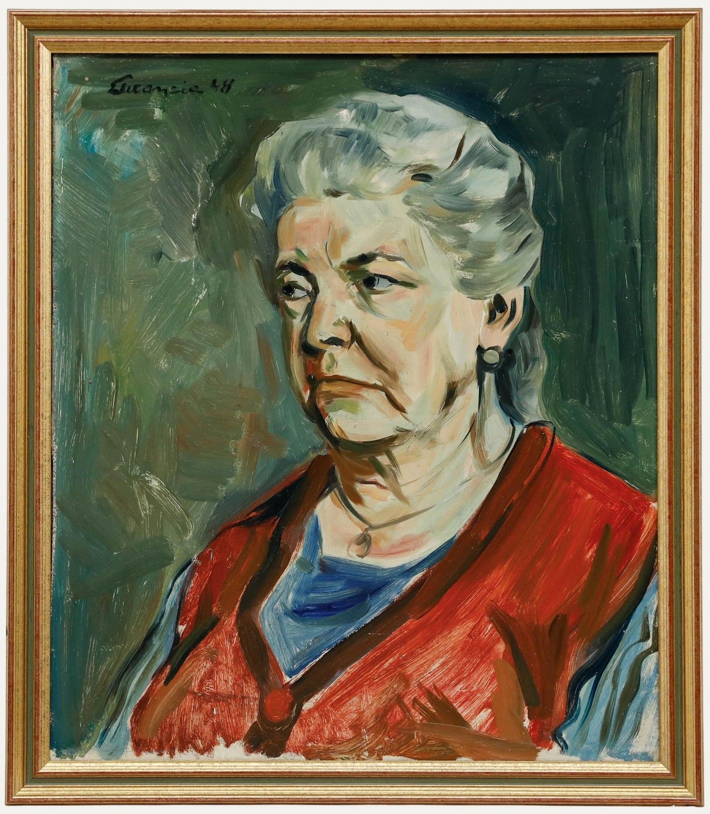 Luc Ancia 1948 Oil, Portrait Of A Lady In A Red Shawl