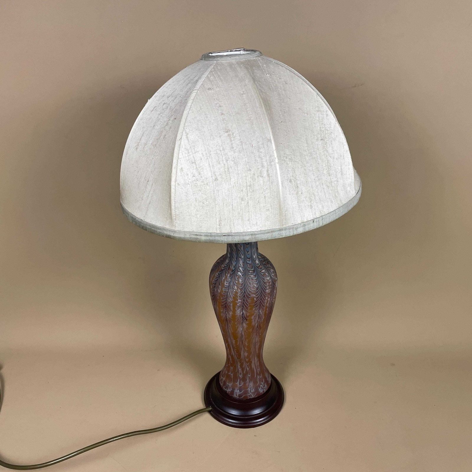 photo furniture Patterned Glass Lamp Light Bedside Table Pattern Orange Silk Dome Lampshade Shade Vase Vintage Antique Wood Base Classic Accent