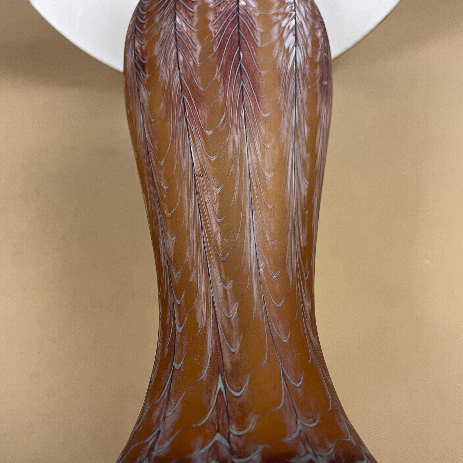 photo vinterior Patterned Glass Lamp Light Bedside Table Pattern Orange Silk Dome Lampshade Shade Vase Vintage Antique Wood Base Classic Accent