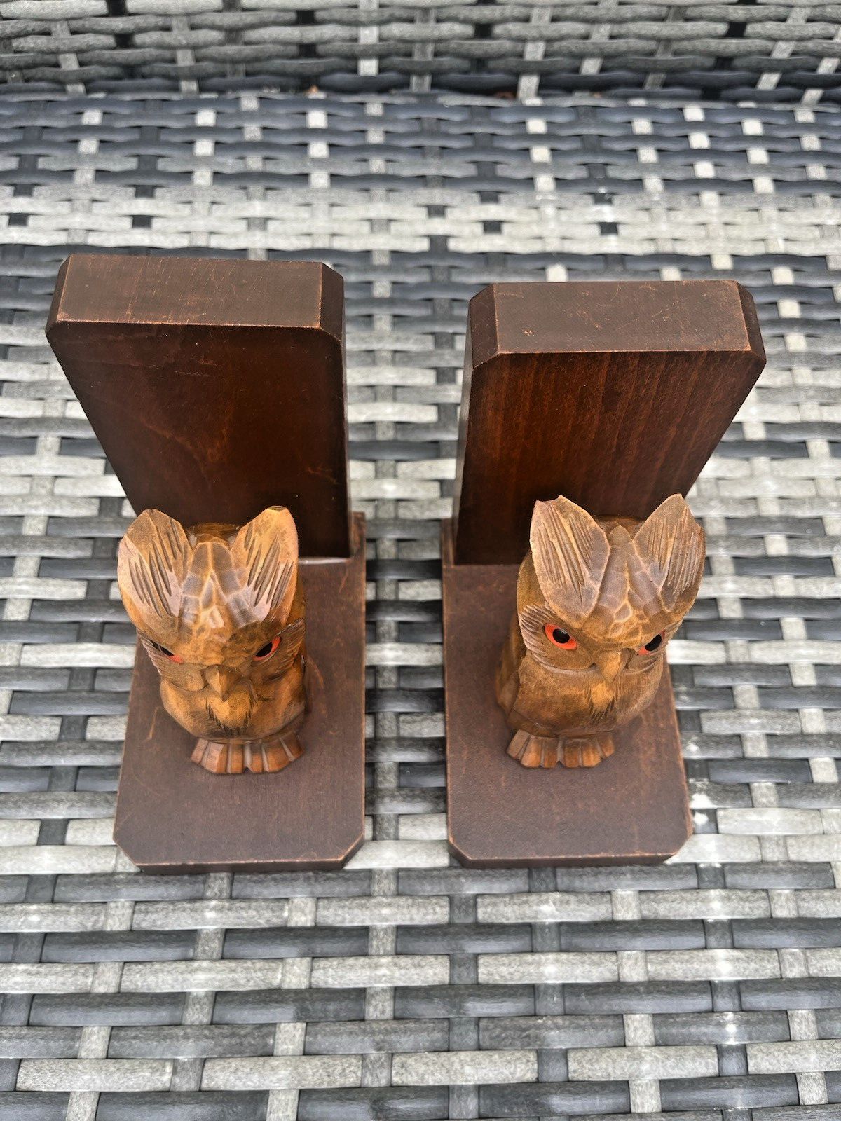 Pair Of Vintage 60's Art Deco Style Carved Wooden Owl Glass Eye Treen Bookends photo vinterior