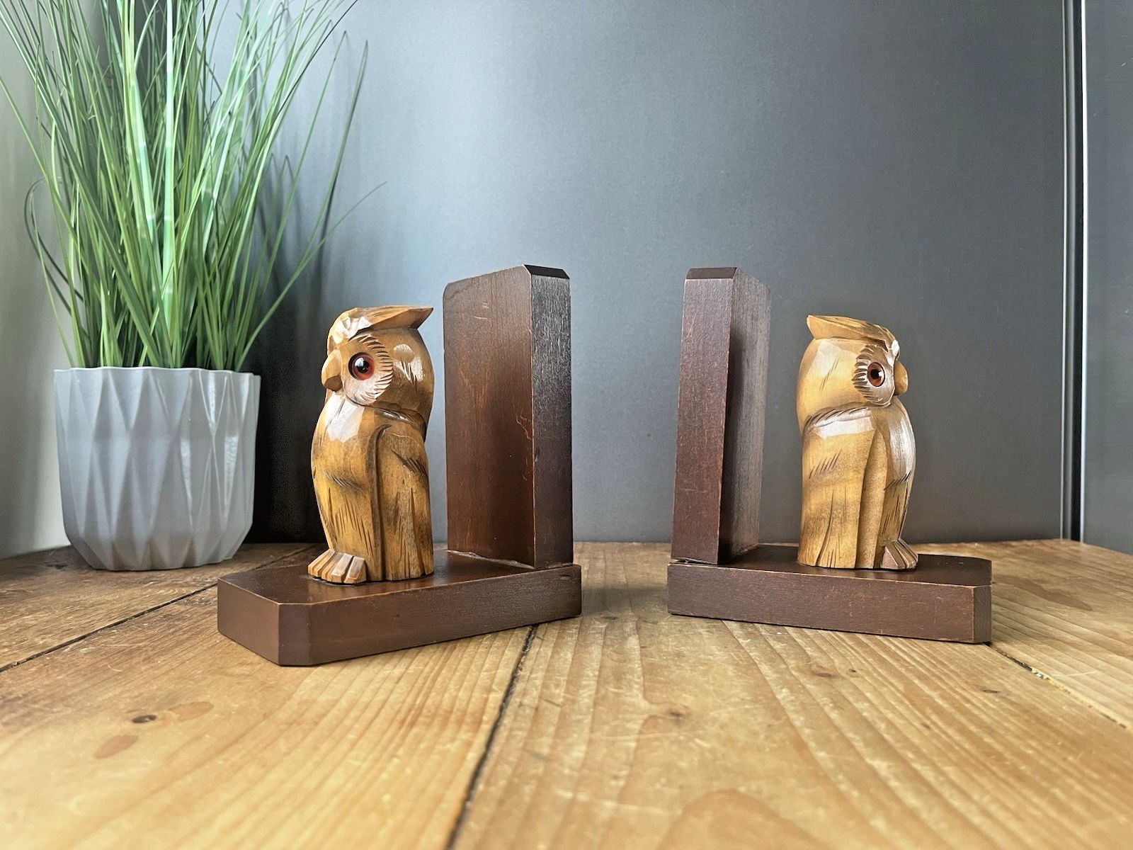 photo for sale Pair Of Vintage 60's Art Deco Style Carved Wooden Owl Glass Eye Treen Bookends