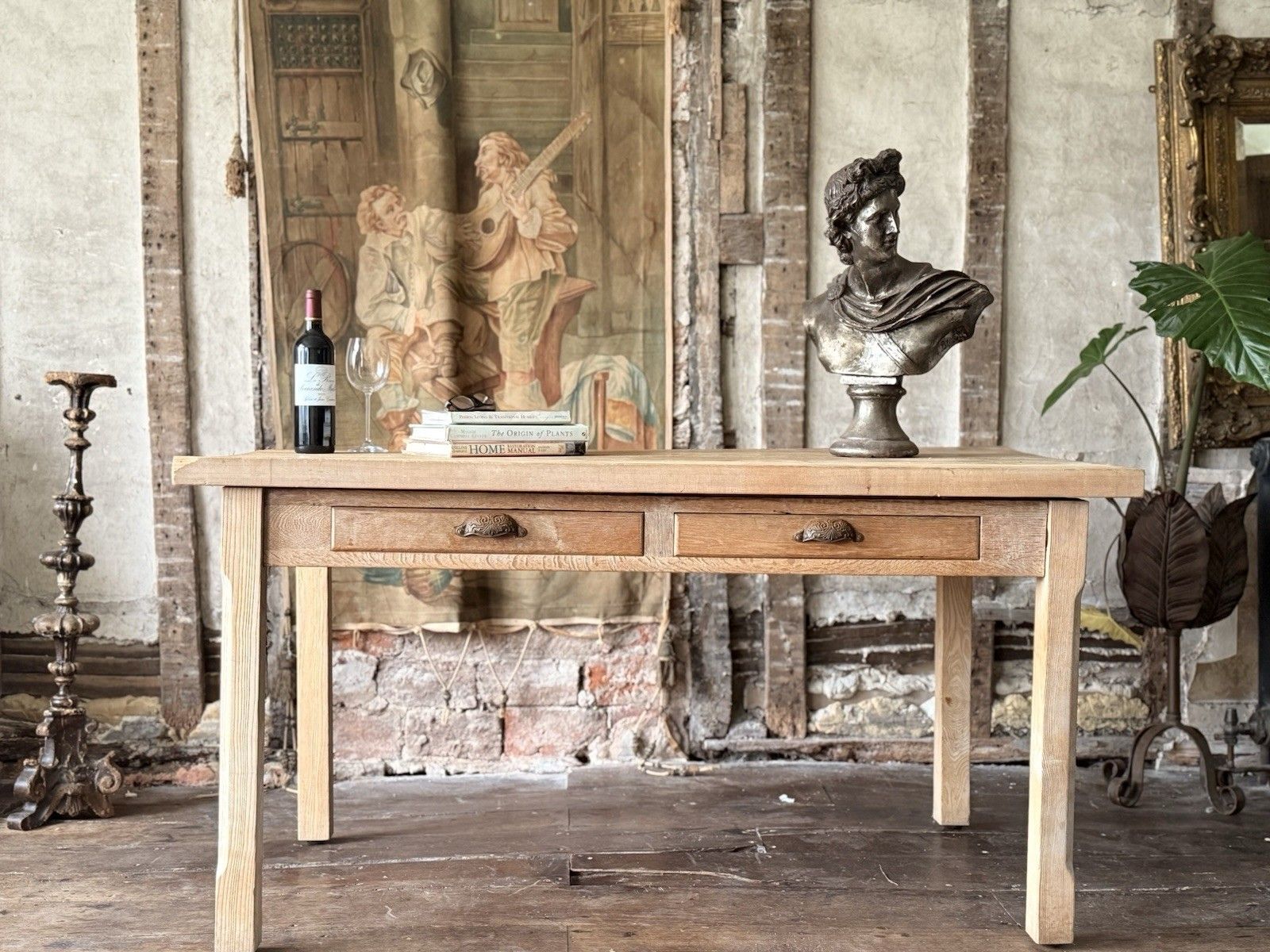 Reclaimed Vintage Rustic Oak Plank Farmhouse Vernacular Desk Kitchen Table photo Furniture