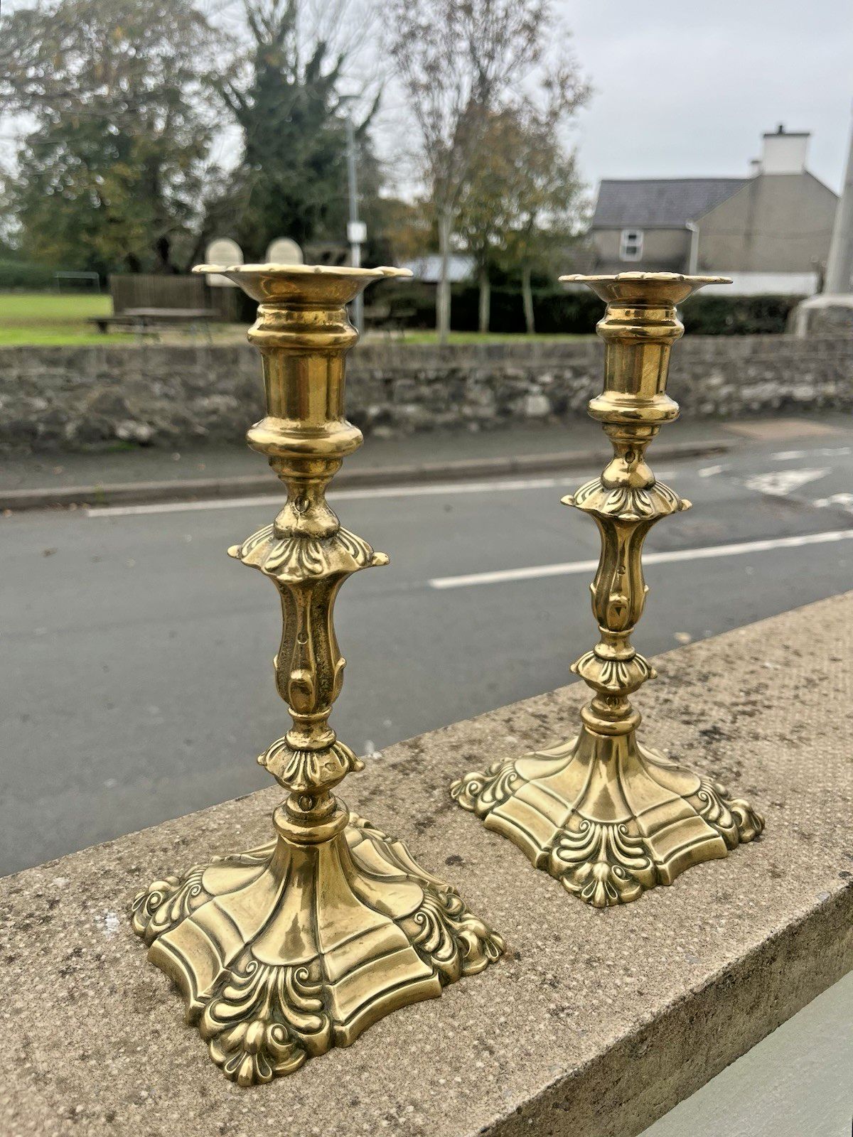 Pair Of 9" Antique French Louis XV Style Rococo Gilt Brass Ormolu Candlesticks