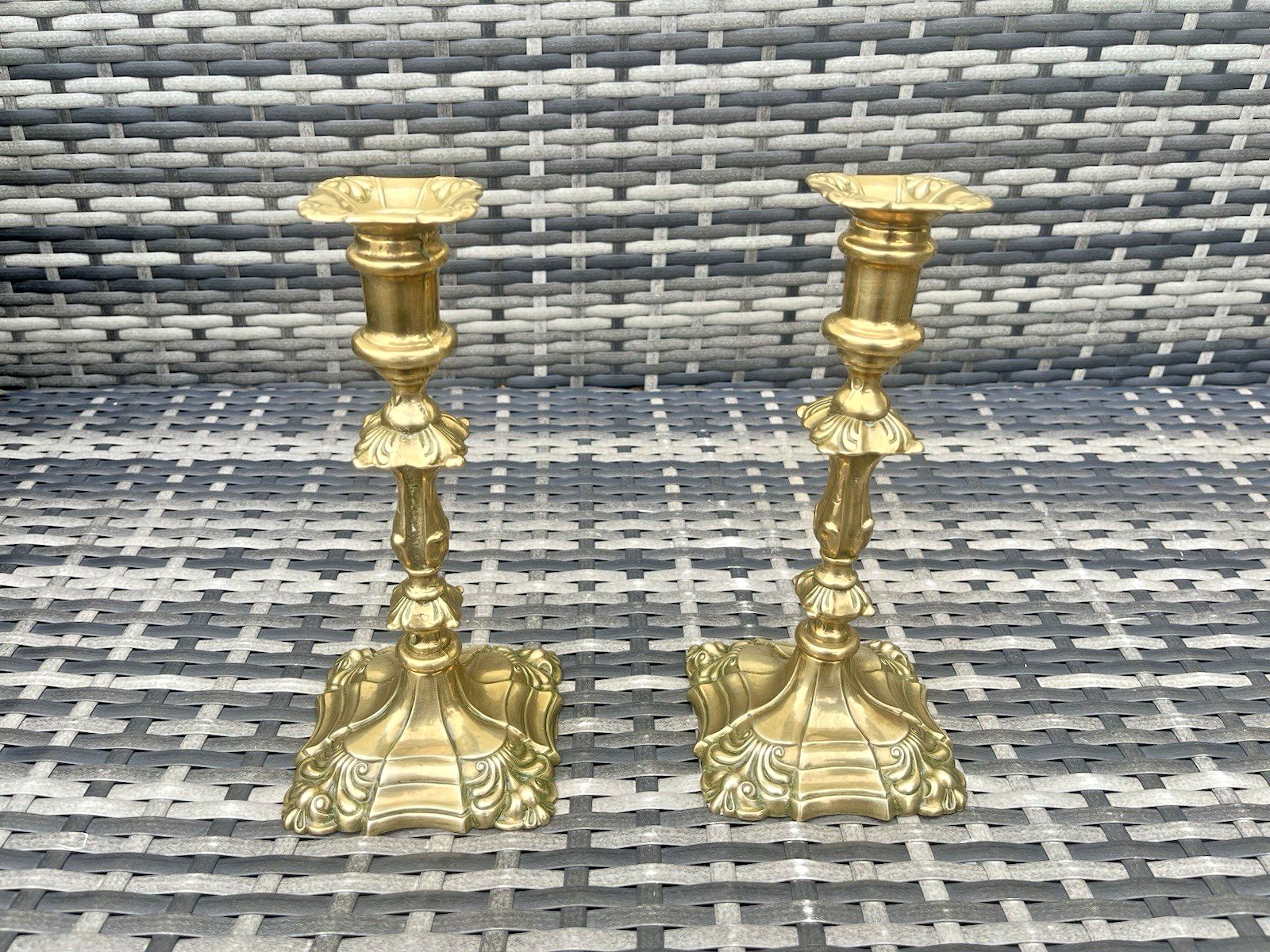 Pair Of 9" Antique French Louis XV Style Rococo Gilt Brass Ormolu Candlesticks photo for sale