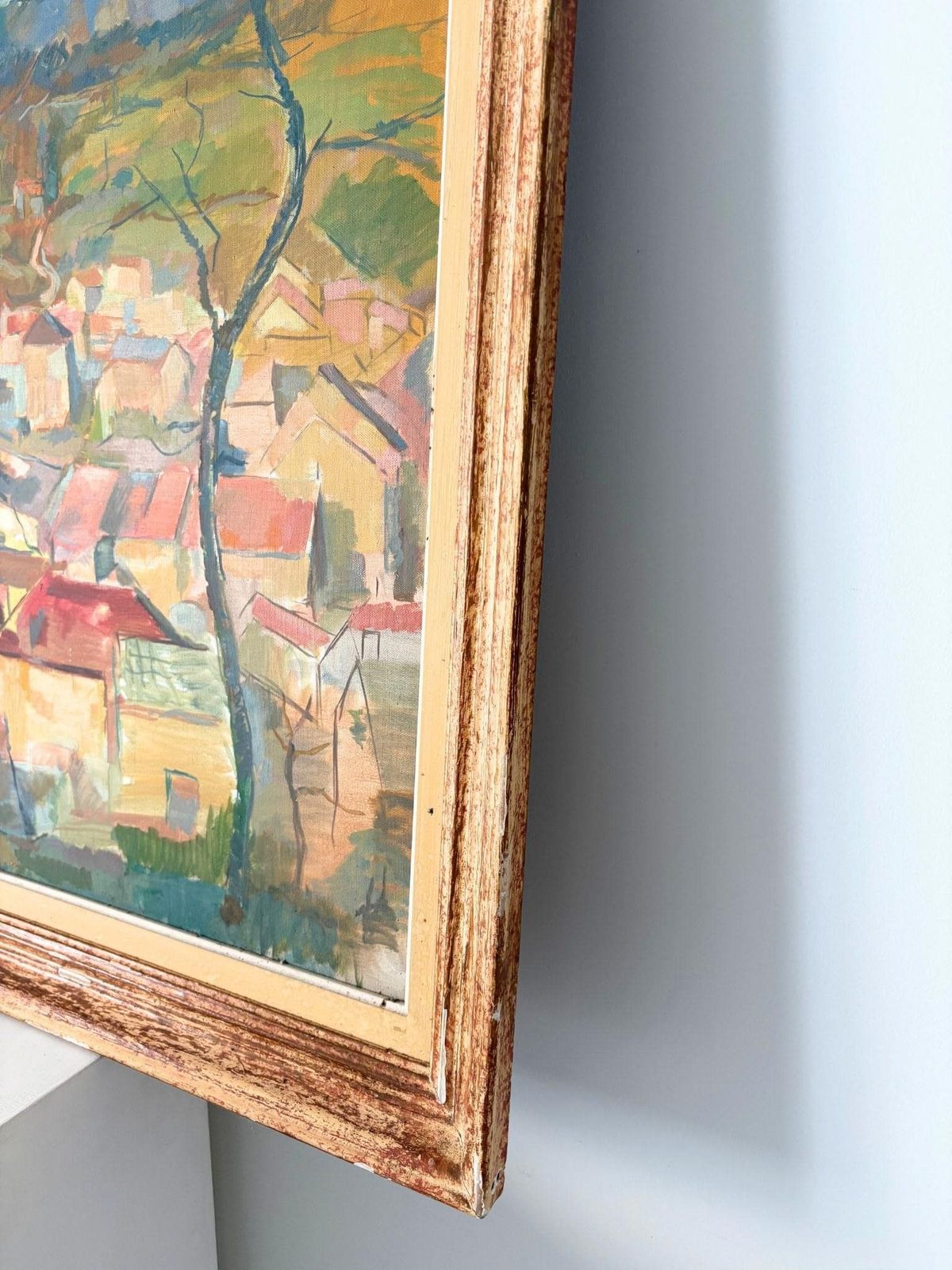 French School Mid Century Cubist Landscape Painting In Oil photo vintage