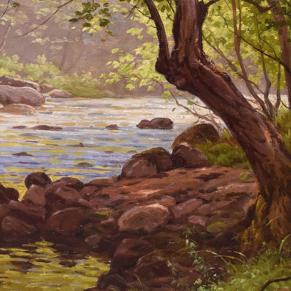 Antique Landscape With River Painting, Edmond His, XX Century. (Qp703) photo Art