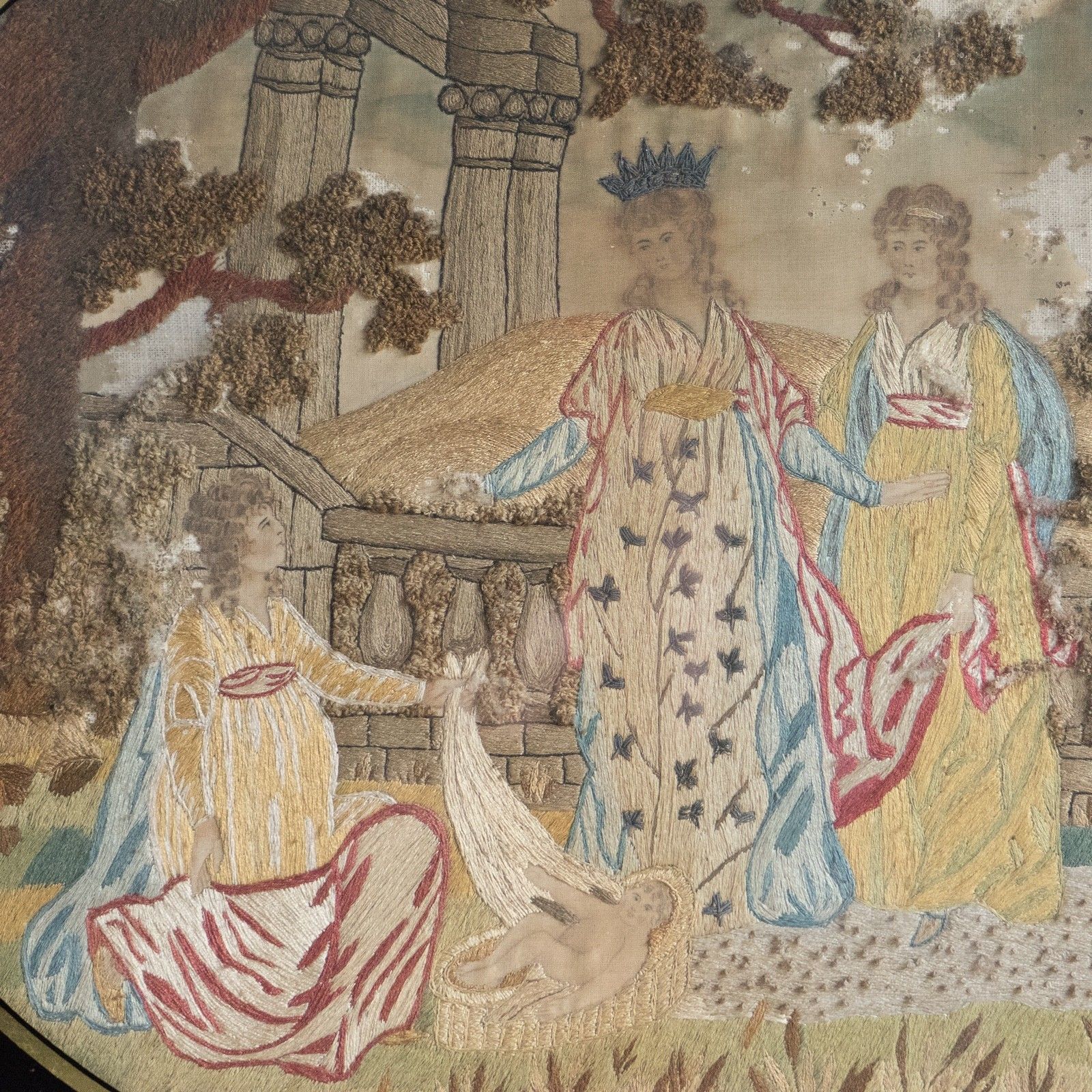 Antique Georgian Silkwork Embroidery, Moses In The Bullrushes, Verre Eglomise photo vinterior