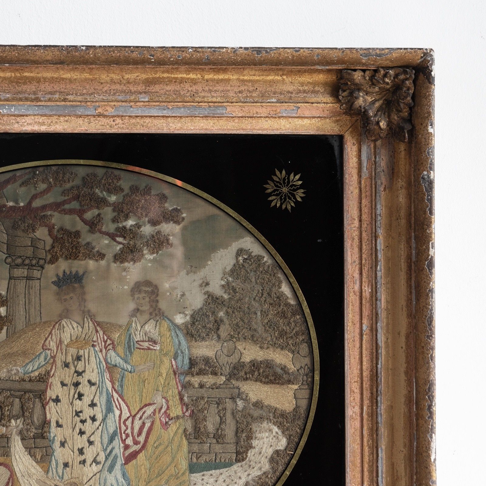 520.0 Antique Georgian Silkwork Embroidery, Moses In The Bullrushes, Verre Eglomise photo
