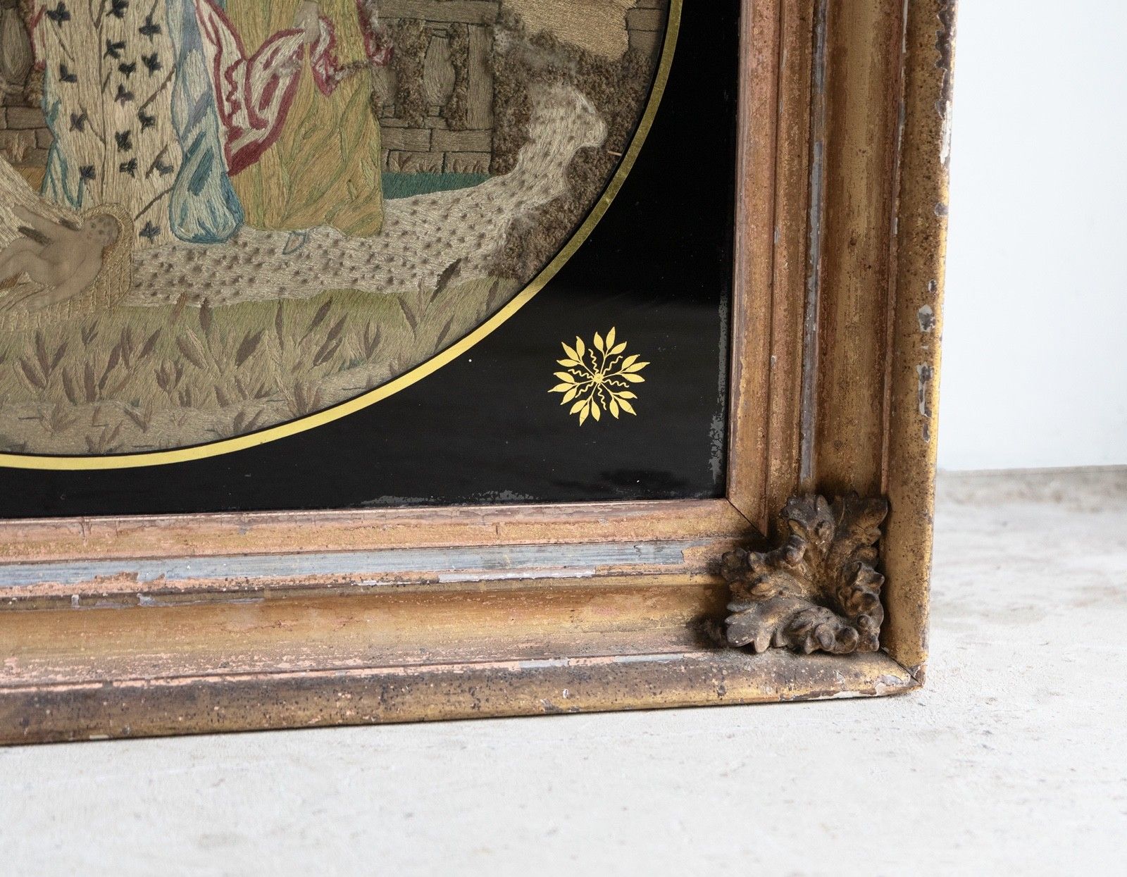 photo vintage Antique Georgian Silkwork Embroidery, Moses In The Bullrushes, Verre Eglomise