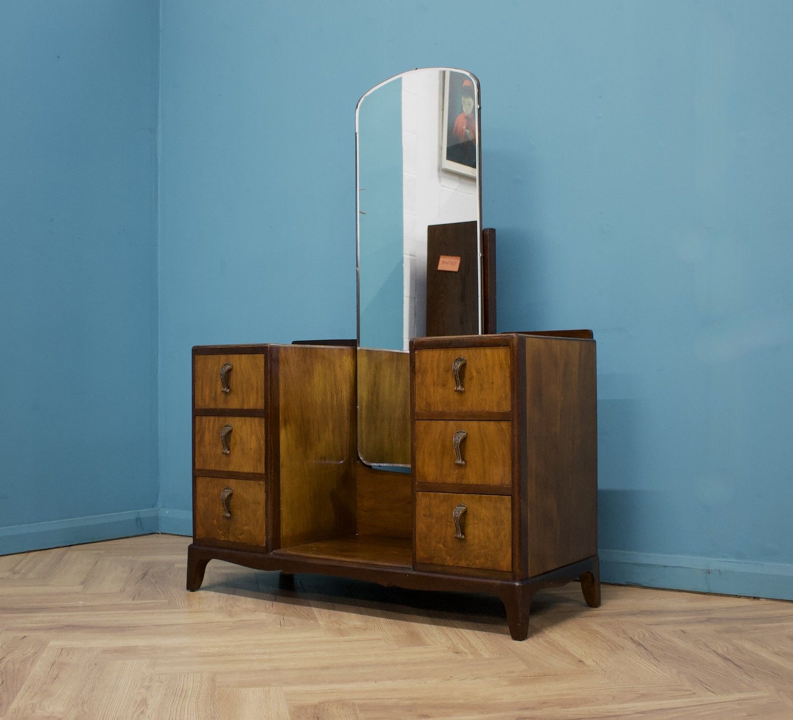 Vintage Art Deco Style Walnut Dressing Table Chest Beithcraft, 1950s #1594 photo for sale