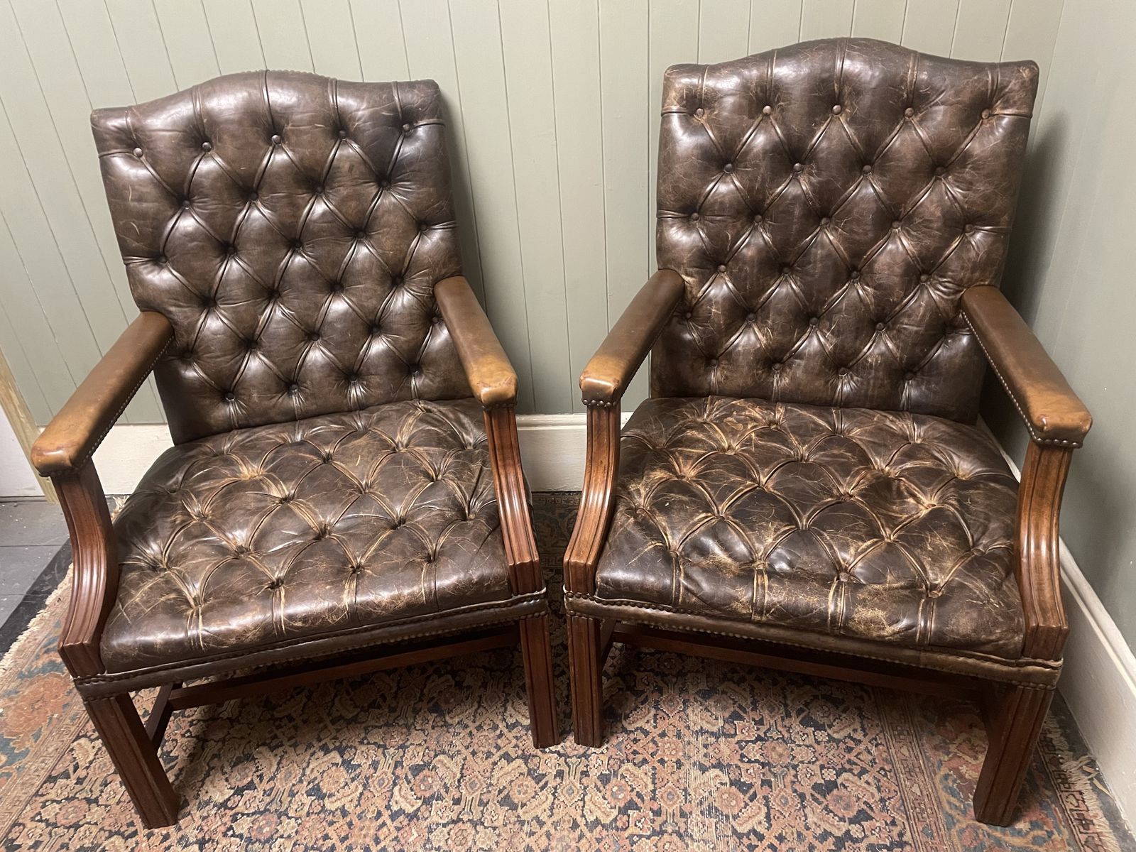 Vintage Pair Of Handmade English Leather Chesterfield Gainsborough Armchairs