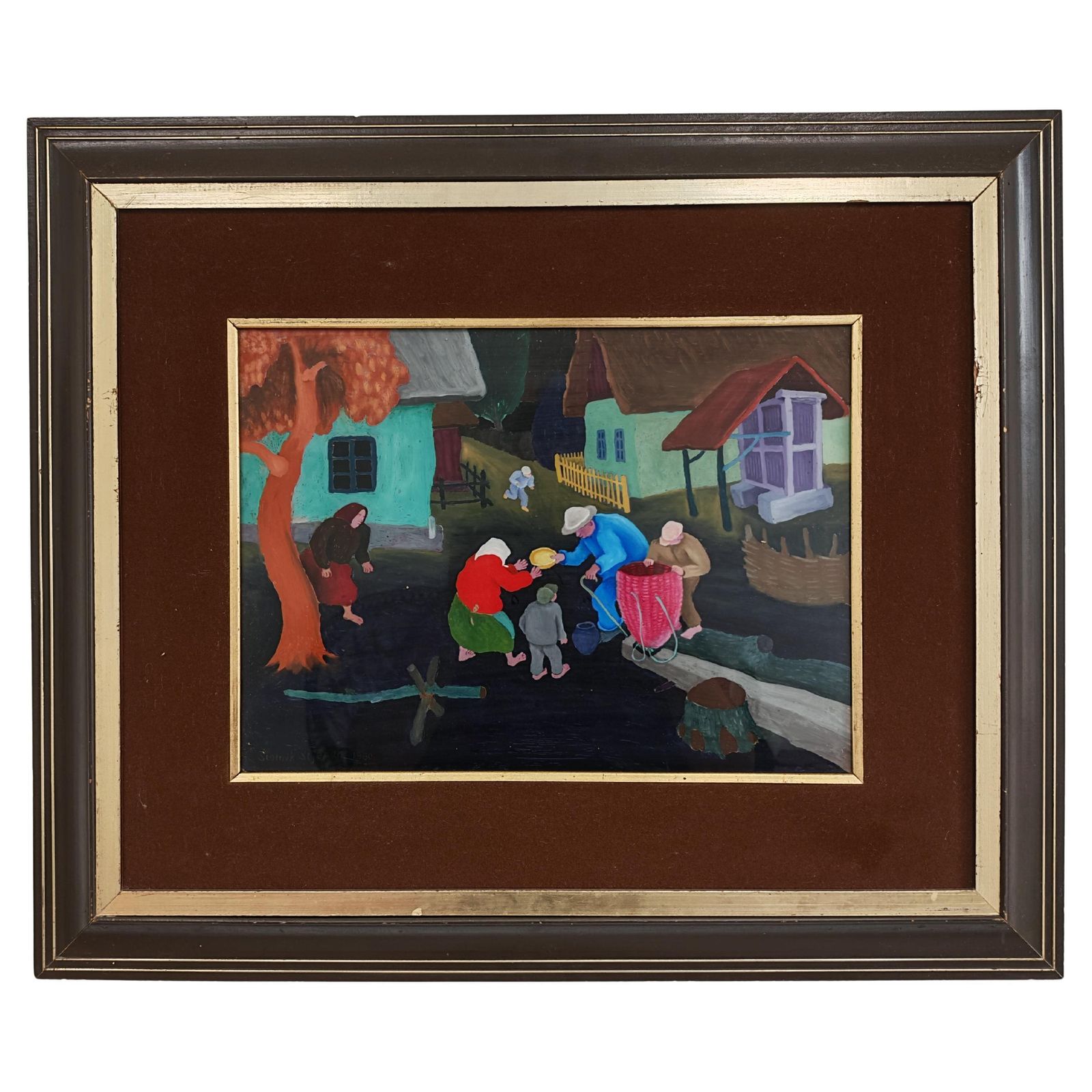 Naive Art Painting, "Village Scene" By Stjepan Stolnik, Yugoslavia 1960