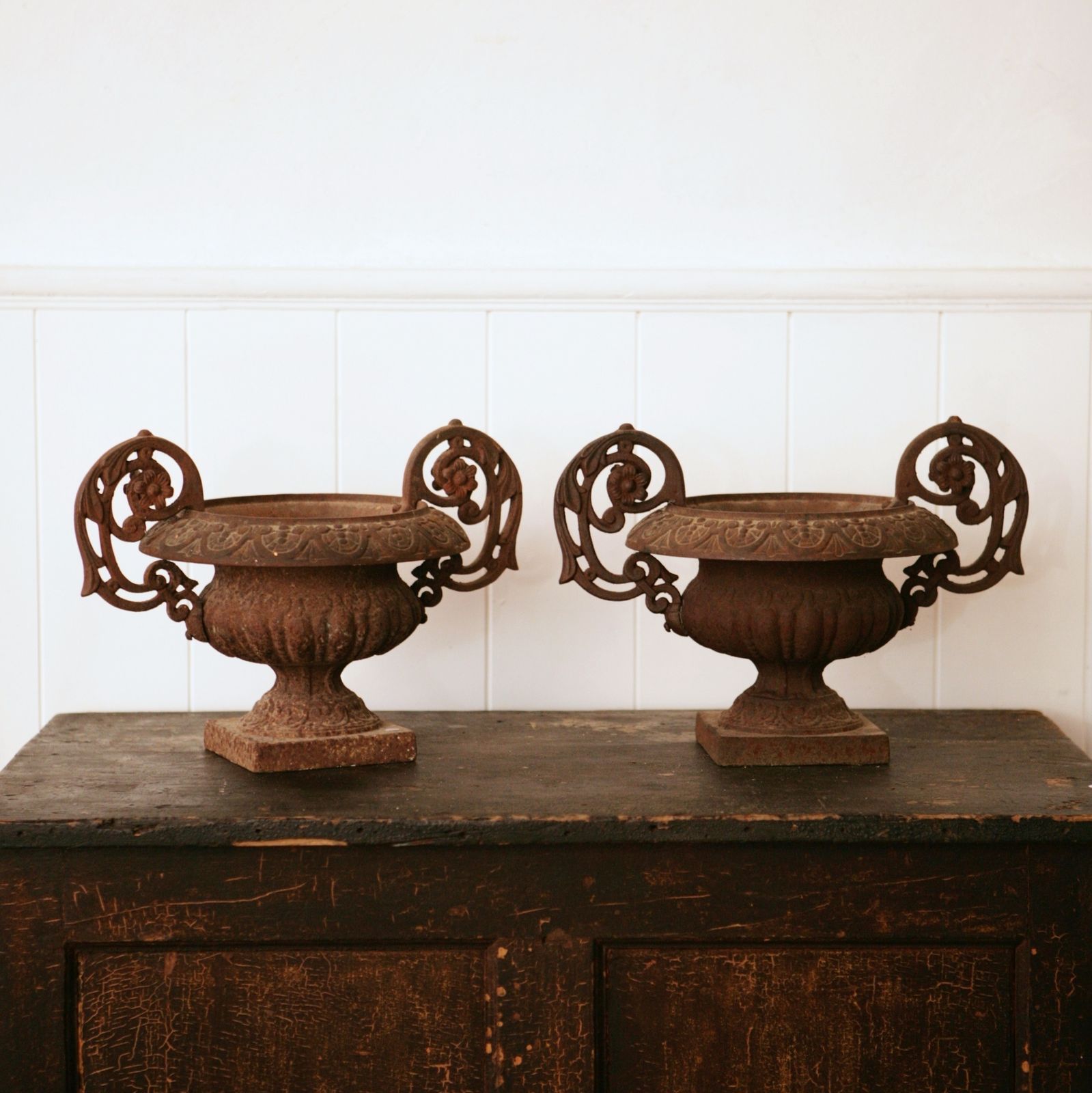 Pair Of Decorative Cast Iron Urns.
