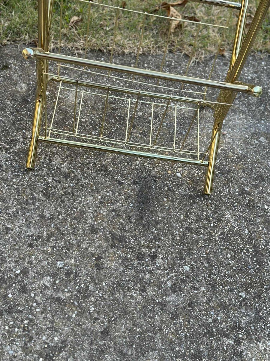 Mid Century Modern Brass And Smoked Glass Side Table With Integrated Magazine Holder, 1970s photo furniture