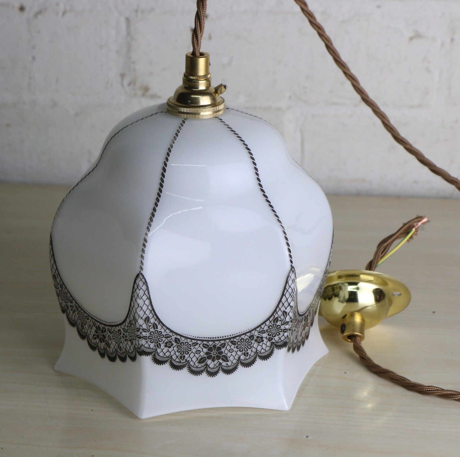 Ceiling Light Antique Milk Glass Pendant Decorated With Overlaid Lace Details photo for sale