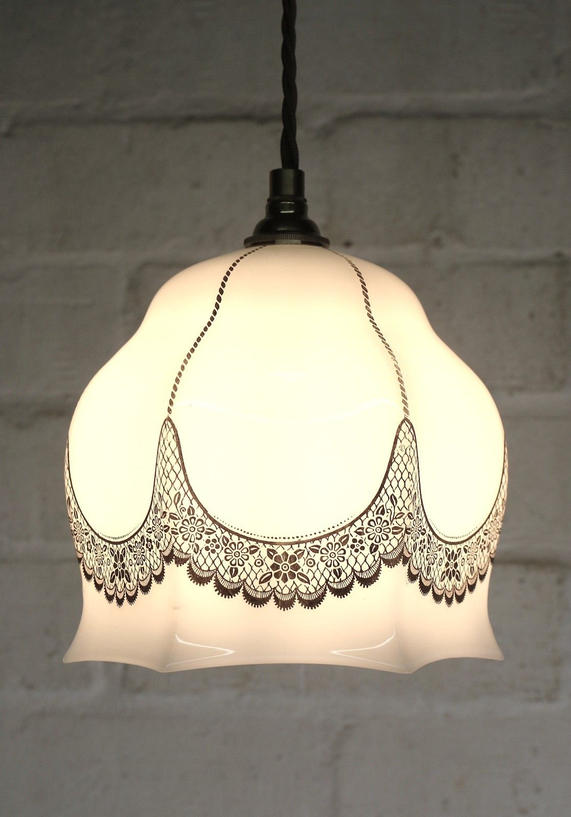 Ceiling Light Antique Milk Glass Pendant Decorated With Overlaid Lace Details photo vinterior