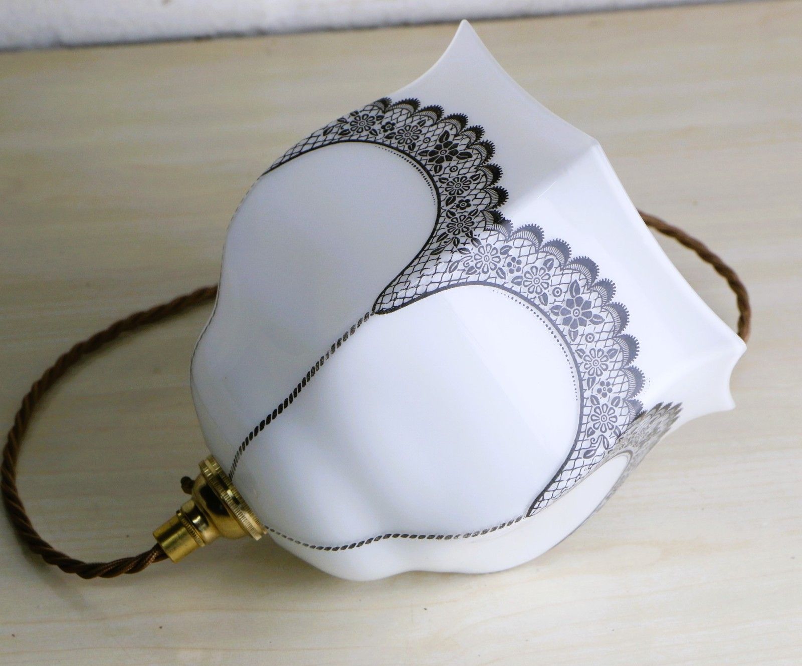 photo for sale Ceiling Light Antique Milk Glass Pendant Decorated With Overlaid Lace Details
