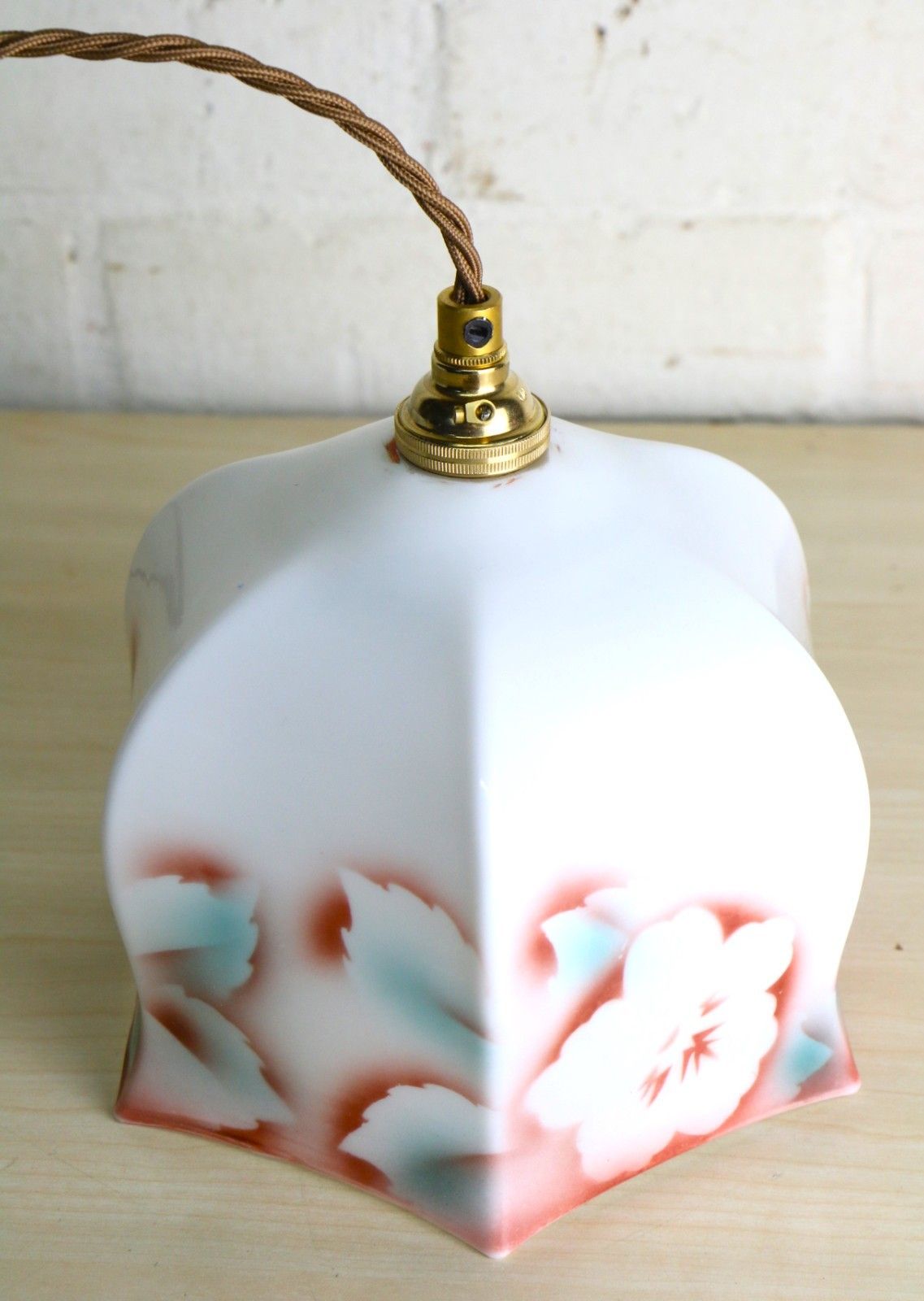 Ceiling Light Antique Milk Glass Pendant Decorated Sprayed Flower Silhouettes photo vinterior