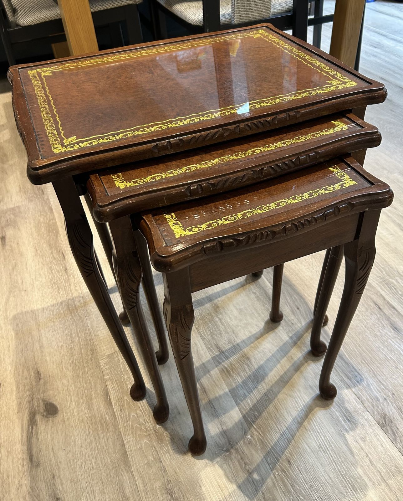 Nest Of 3 Tables With Leather Insert Topped Off With Glass Panel. Decorative Legs On All 3 photo for sale