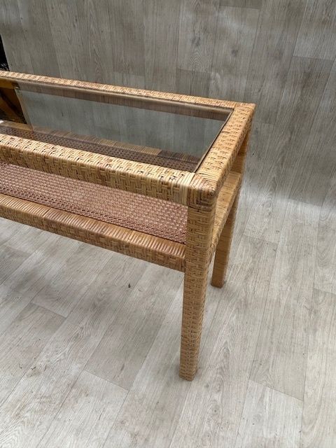 Mid Century Modern Woven Rattan & Glass Two Tier Console, Italy, 1970s photo for sale