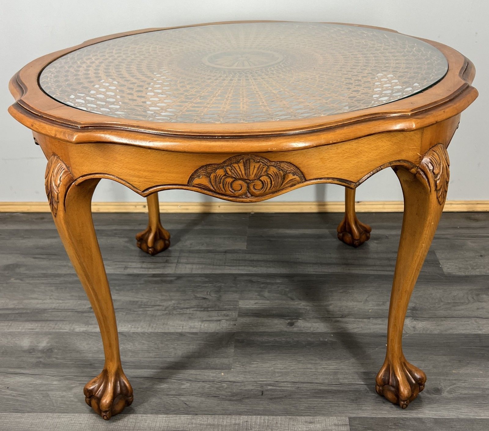 Coffee Table Vintage French Oak Round Glass Top Ornate Cane Table Lot 4462