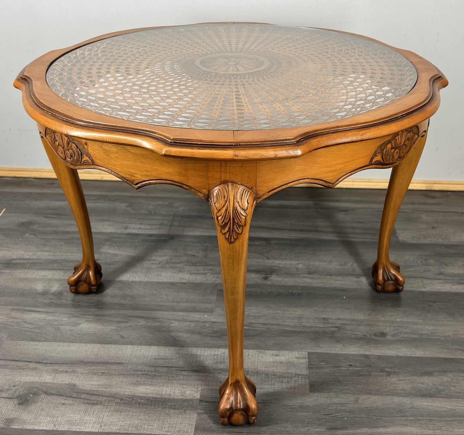 Coffee Table Vintage French Oak Round Glass Top Ornate Cane Table Lot 4462 photo Furniture