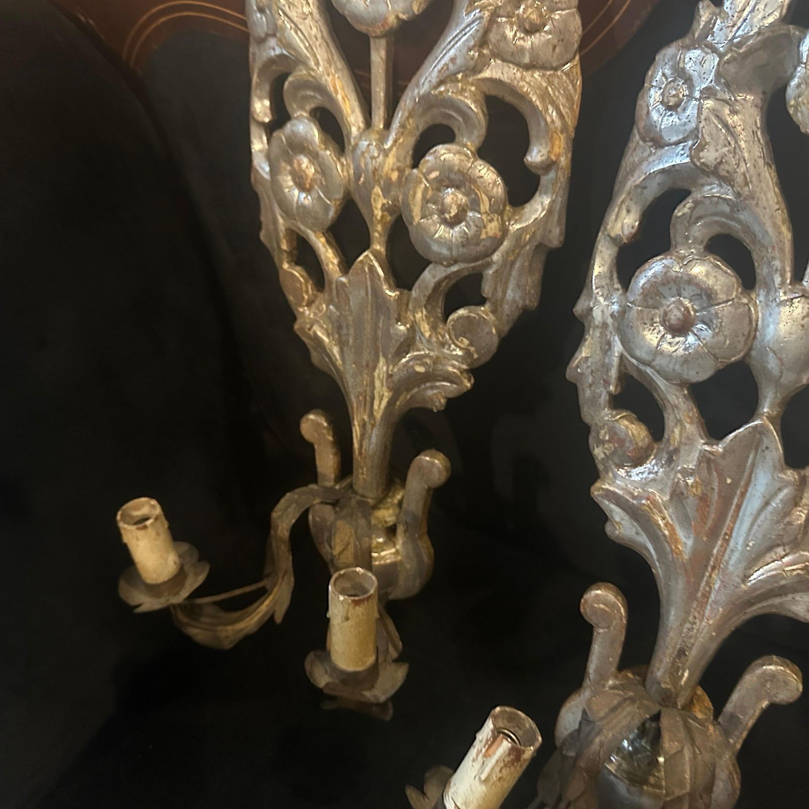 Authentic Louis XVI Silvered Linden Wood Sicilian And Iron Wall Candle Sconces photo for sale