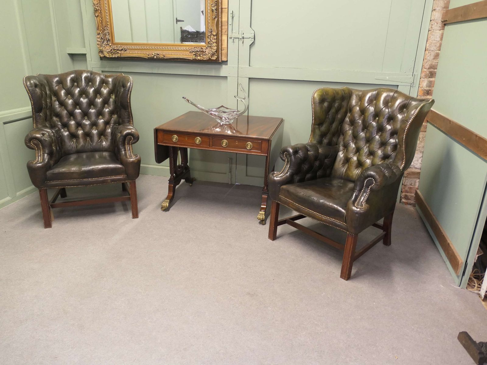 A Pair Of Georgian Style Gentleman’s Wing Back Leather Chesterfield Chairs photo buy