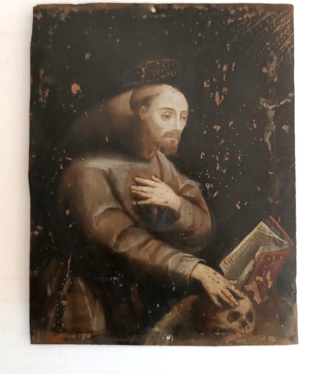 Old Painting On Copper, Italian School, 17th Century   Saint Francis photo furniture