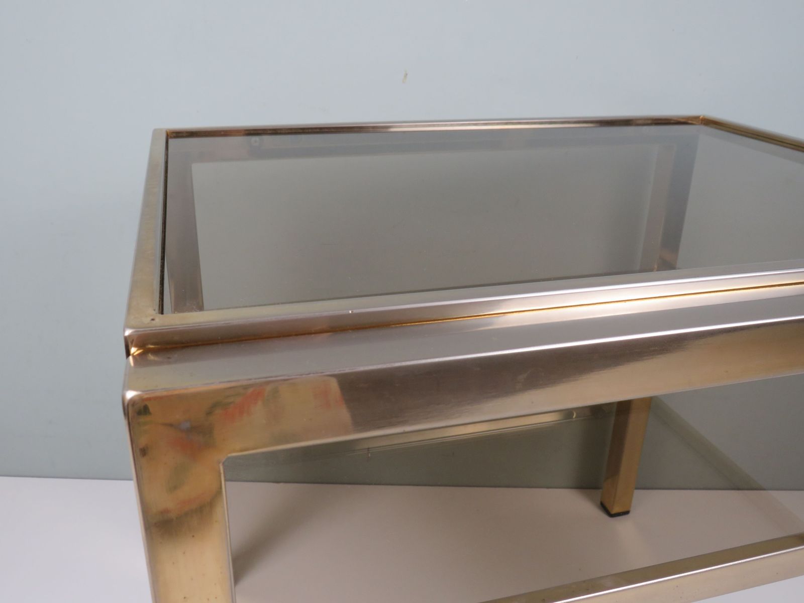 Hollywood Regency Brass And Smoked Glass Side Table By De Knudt, Belgium, 1970s photo furniture