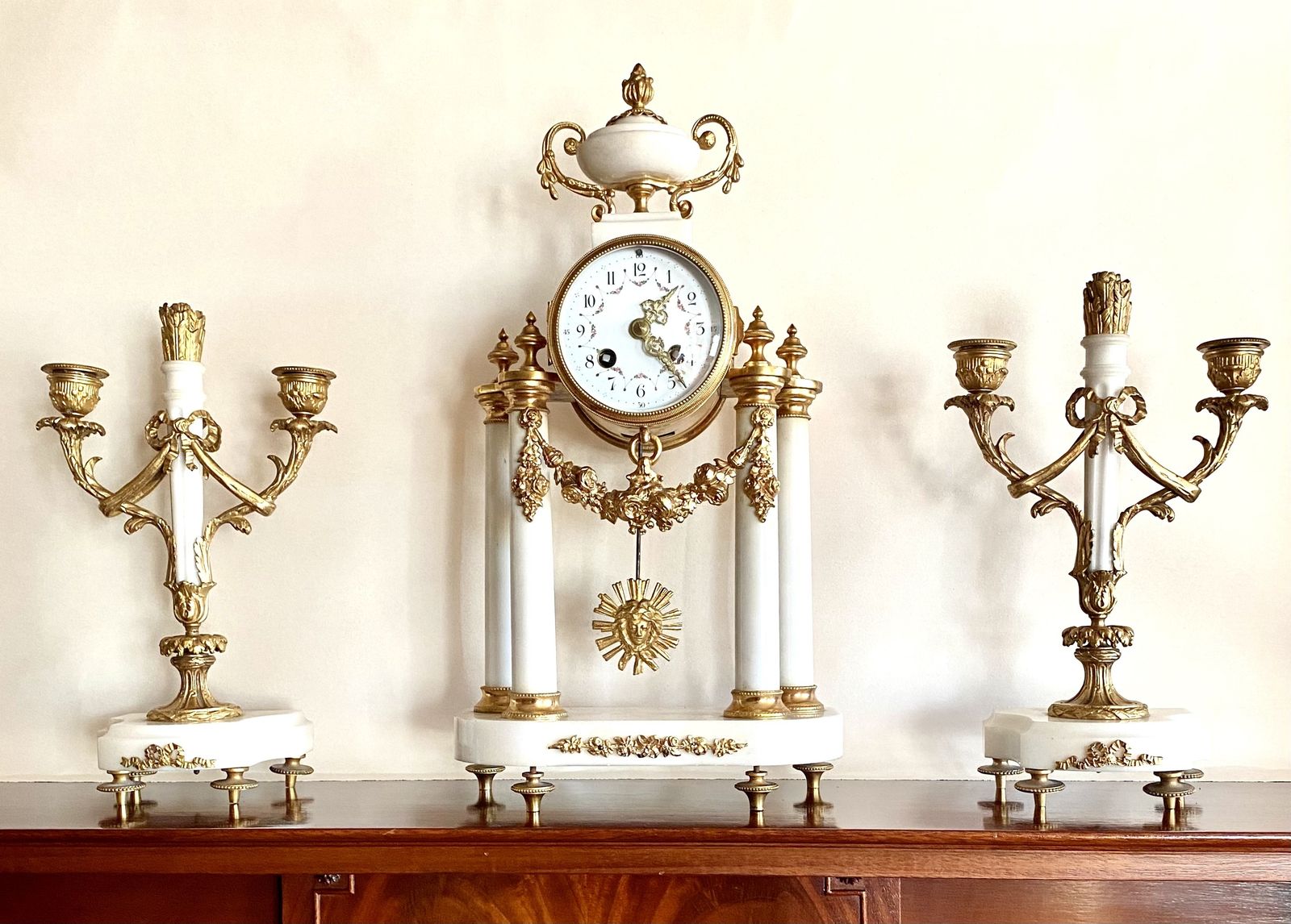 Antique Marble Clock Set Garniture