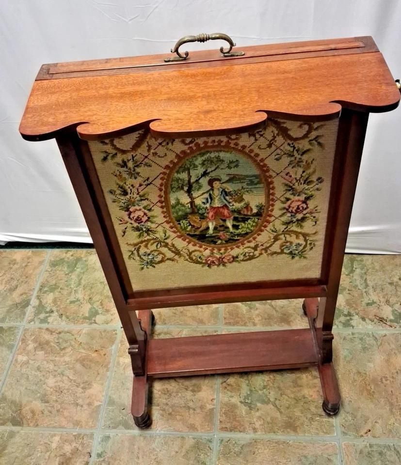 Vintage Tapestry Fire Screen Adjustable With Folding Shelf In Victorian Style photo buy