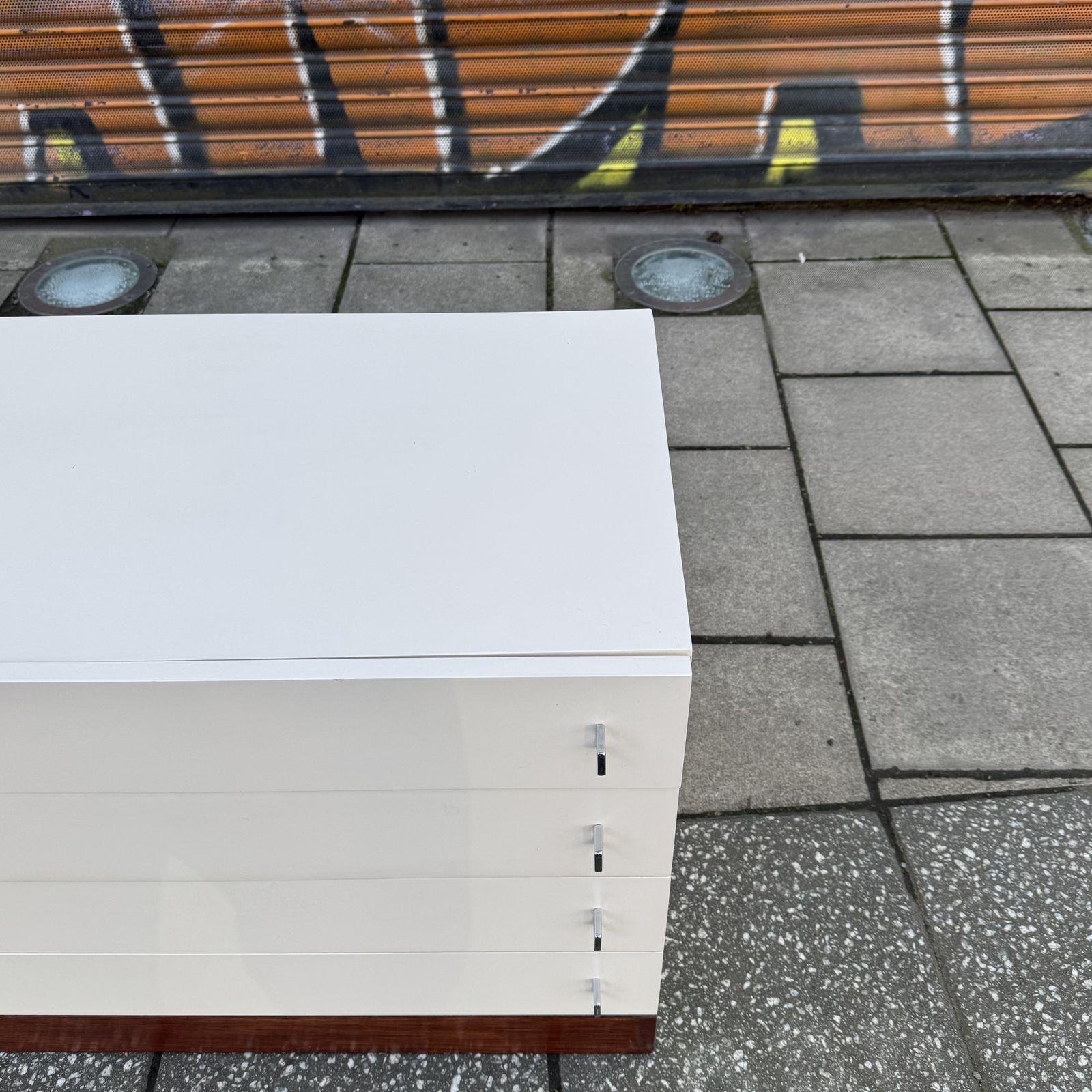 A Stunning Retro 1970s Pair Of White, Chrome And Rosewood Meredew British Chest Of Drawers. photo Furniture