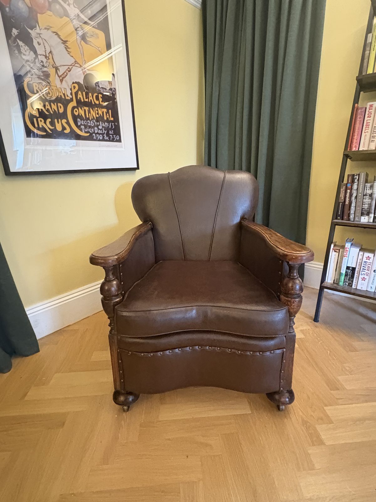 Pair Of Vintage Oak & Leather Club / Library Armchairs